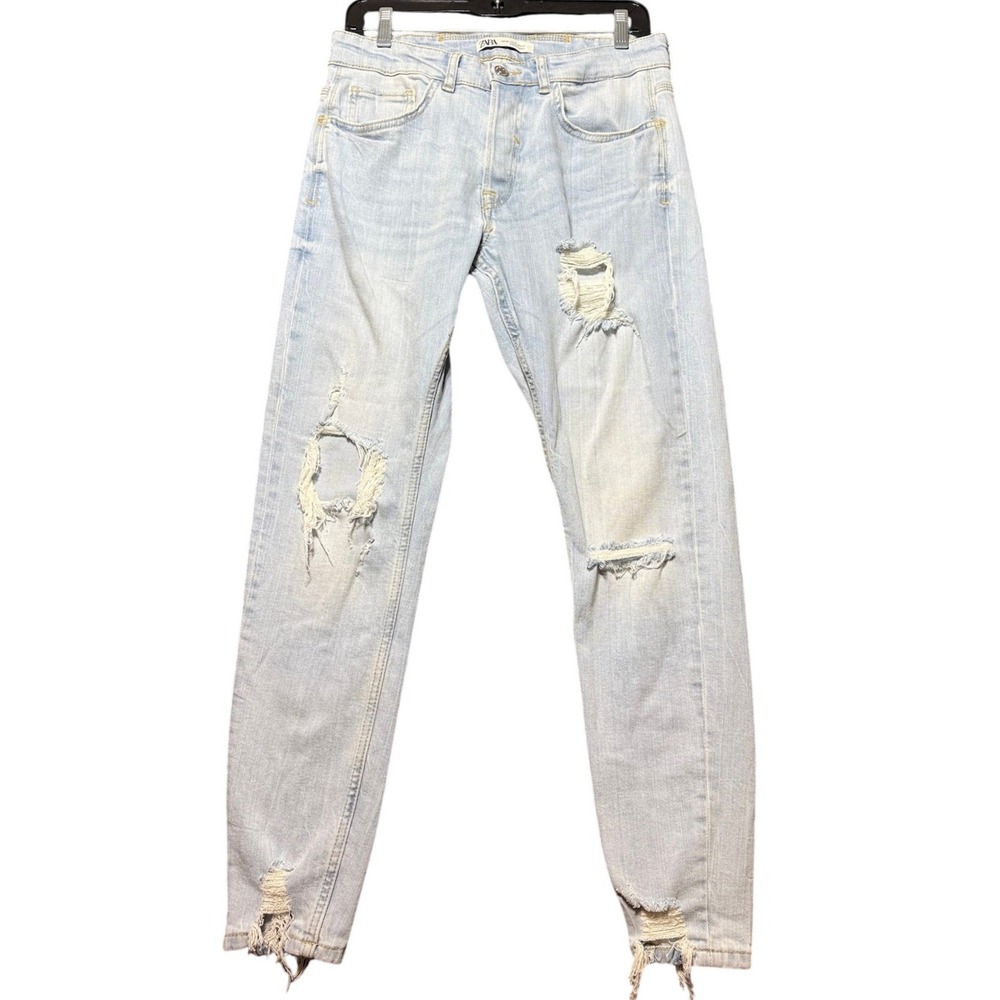 Zara Distressed Skinny Jeans Women 31 Light Blue Ripped Frayed Hem